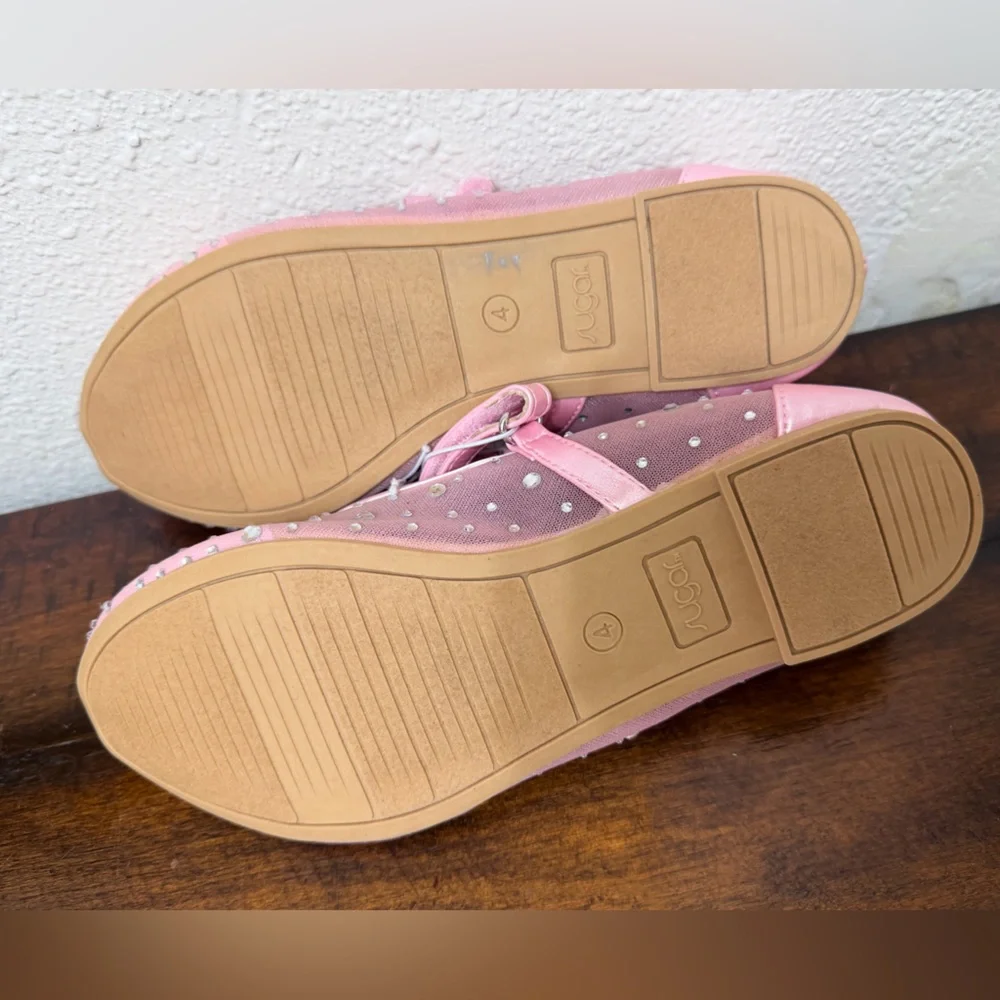 Sugar Flats Shoes Big Girl Size 4M – Pink with Sparkly Rhinestones & Bow